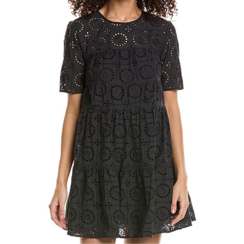 Staud Hyacinth Embroidered Eyelet Babydoll Mini Dress Black Short Sleeve SIZE SM
